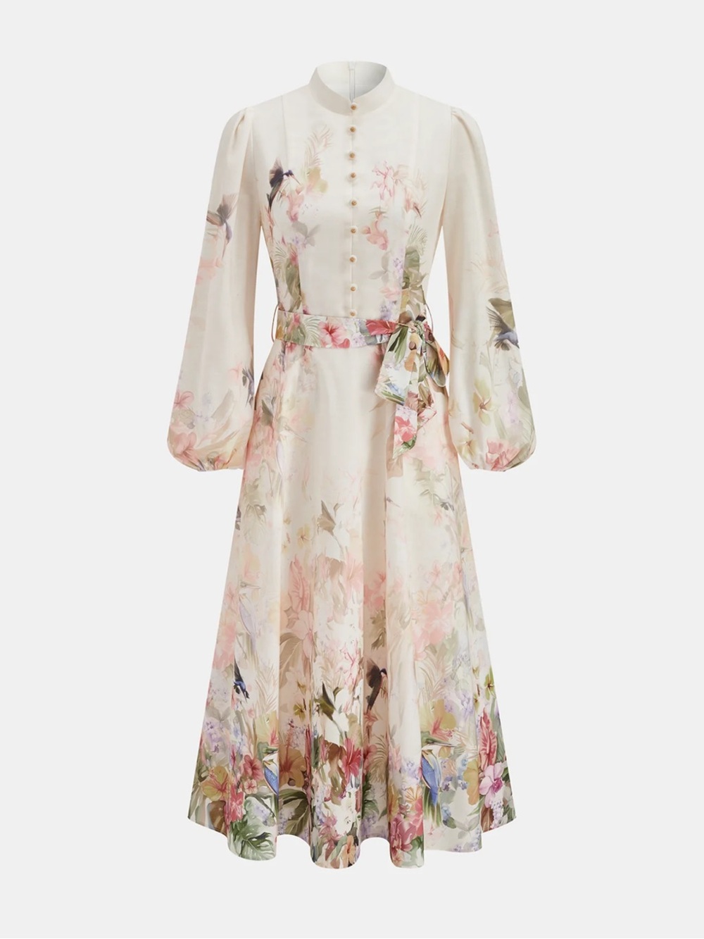 Commense Apricot Floral Balloon Sleeve Belted Dress S | Romantic Statement Dress - Picture 3 of 7